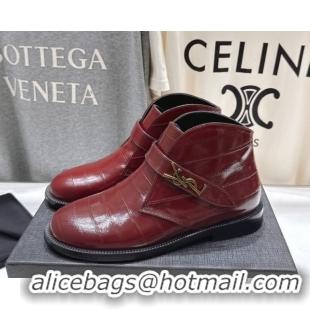 Top Grade Saint Laurent Flat Chelsea Booties in Embossed Leather Red YSL121303 1213052