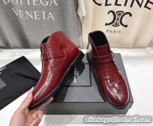 Top Grade Saint Laurent Flat Chelsea Booties in Embossed Leather Red YSL121303 1213052