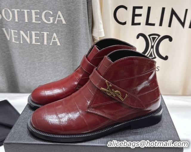 Top Grade Saint Laurent Flat Chelsea Booties in Embossed Leather Red YSL121303 1213052