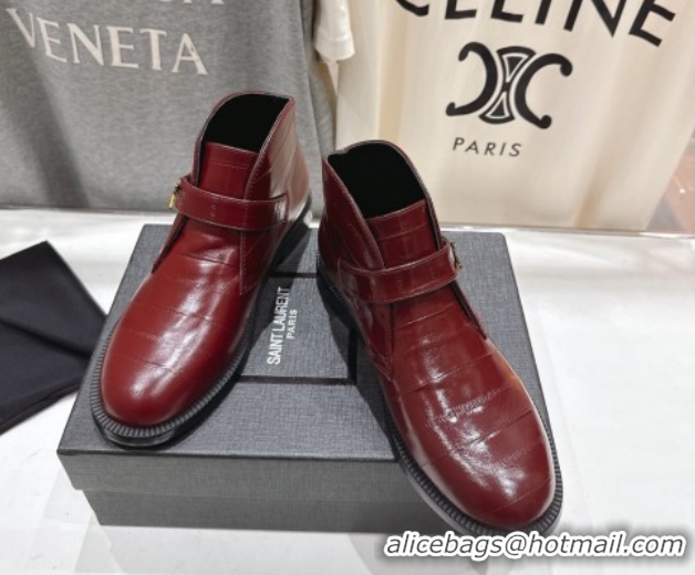 Top Grade Saint Laurent Flat Chelsea Booties in Embossed Leather Red YSL121303 1213052