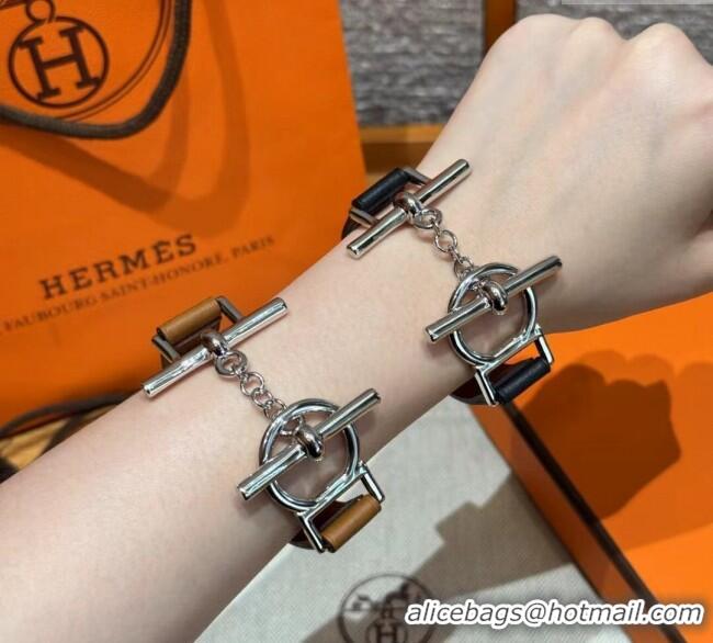 Unique Grade Hermes Croisiere Simple Tour bracelet in Chaine d'Ancre and Leather HS010401 Brown/Silver 2025