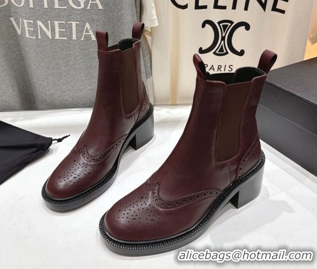 Luxury Saint Laurent Vincent Heel Chelsea Booties 6cm in Perforated Calfskin Leather Dark Burgundy 1213057