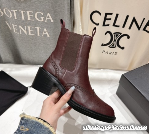 Luxury Saint Laurent Vincent Heel Chelsea Booties 6cm in Perforated Calfskin Leather Dark Burgundy 1213057