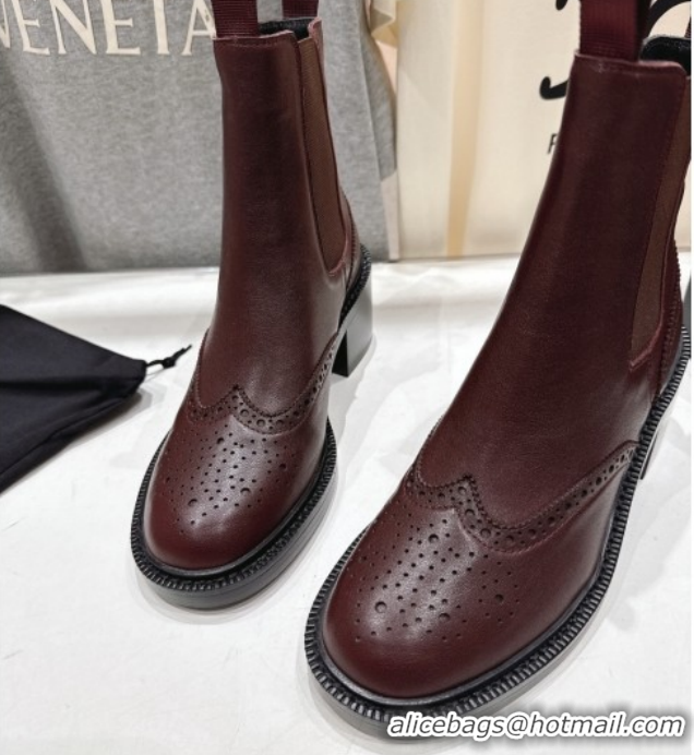 Luxury Saint Laurent Vincent Heel Chelsea Booties 6cm in Perforated Calfskin Leather Dark Burgundy 1213057