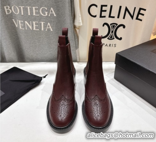 Luxury Saint Laurent Vincent Heel Chelsea Booties 6cm in Perforated Calfskin Leather Dark Burgundy 1213057