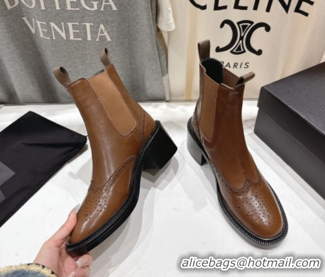Popular Style Saint Laurent Vincent Heel Chelsea Booties 6cm in Perforated Calfskin Leather Brown 1213058