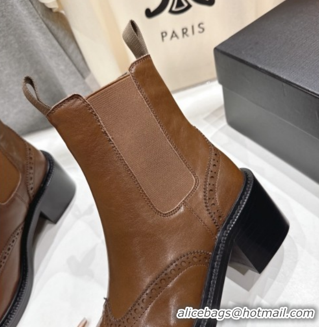 Popular Style Saint Laurent Vincent Heel Chelsea Booties 6cm in Perforated Calfskin Leather Brown 1213058