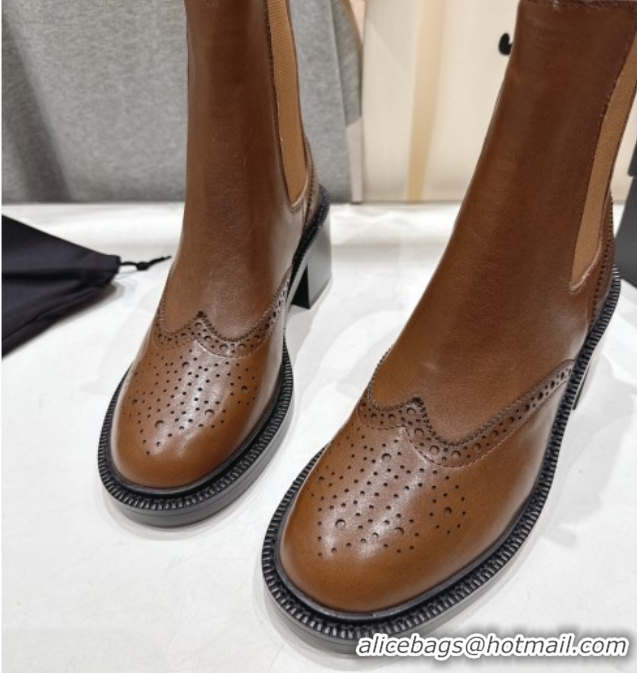 Popular Style Saint Laurent Vincent Heel Chelsea Booties 6cm in Perforated Calfskin Leather Brown 1213058
