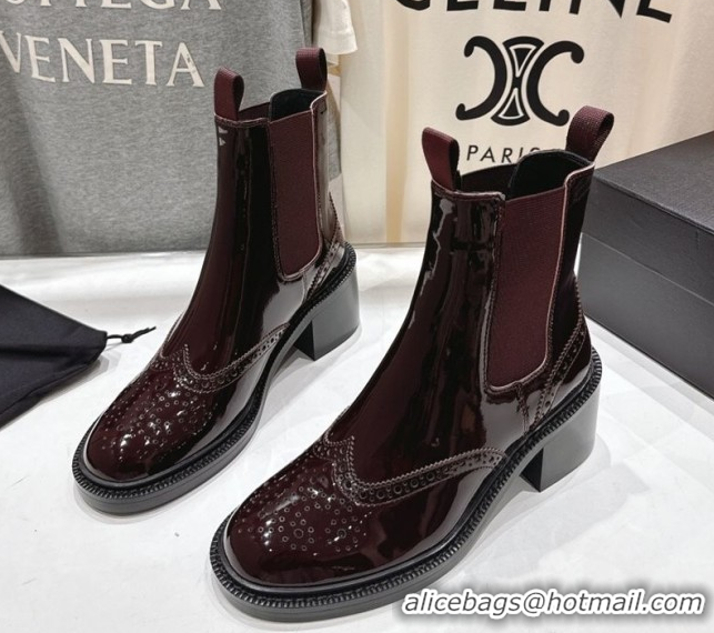 Good Product Saint Laurent Vincent Heel Chelsea Booties 6cm in Perforated Patent Leather Dark Burgundy 1213059
