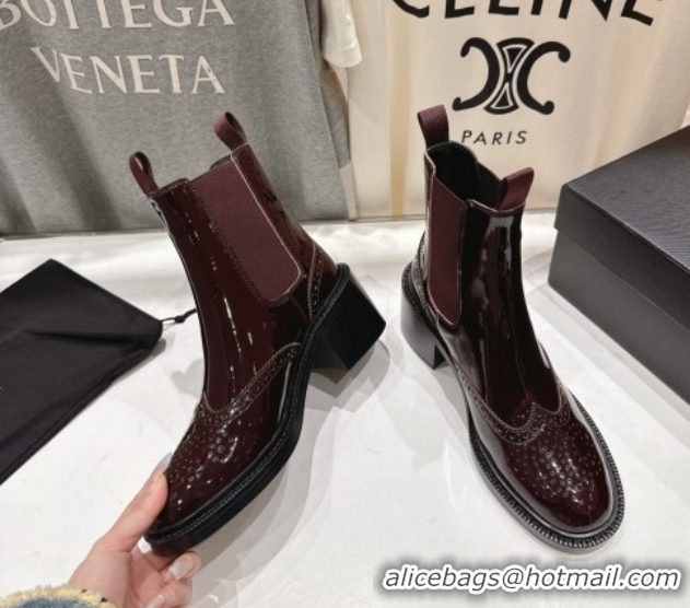 Good Product Saint Laurent Vincent Heel Chelsea Booties 6cm in Perforated Patent Leather Dark Burgundy 1213059