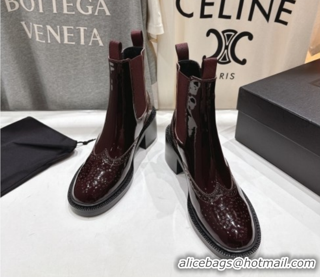 Good Product Saint Laurent Vincent Heel Chelsea Booties 6cm in Perforated Patent Leather Dark Burgundy 1213059