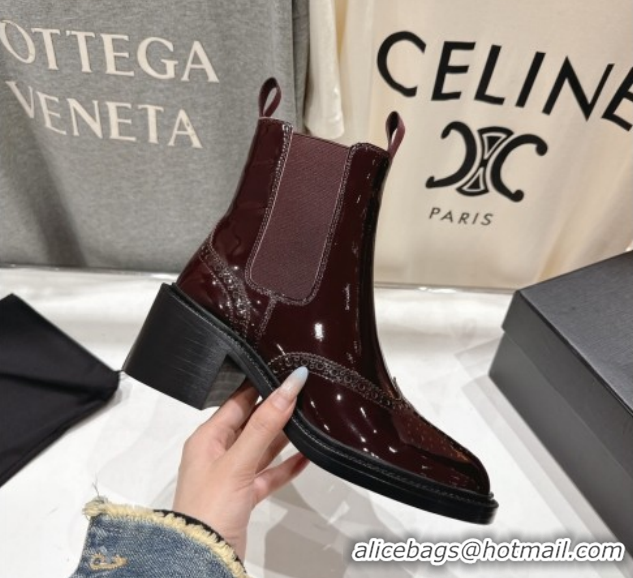 Good Product Saint Laurent Vincent Heel Chelsea Booties 6cm in Perforated Patent Leather Dark Burgundy 1213059