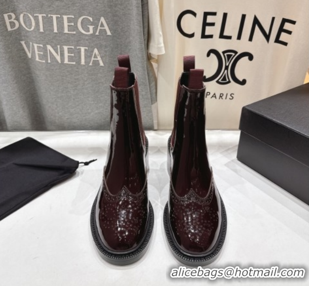 Good Product Saint Laurent Vincent Heel Chelsea Booties 6cm in Perforated Patent Leather Dark Burgundy 1213059