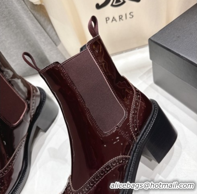 Good Product Saint Laurent Vincent Heel Chelsea Booties 6cm in Perforated Patent Leather Dark Burgundy 1213059