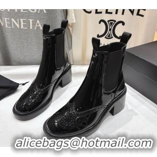 Grade Saint Laurent Vincent Heel Chelsea Booties 6cm in Perforated Patent Leather Black 1213060