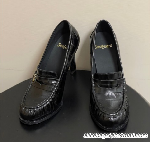 Hot Style Saint Laurent Le Loafer High Heel Pumps 10cm Eel Embossed Leather Black 1213062