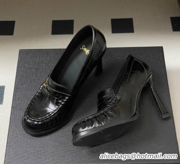 Hot Style Saint Laurent Le Loafer High Heel Pumps 10cm Eel Embossed Leather Black 1213062