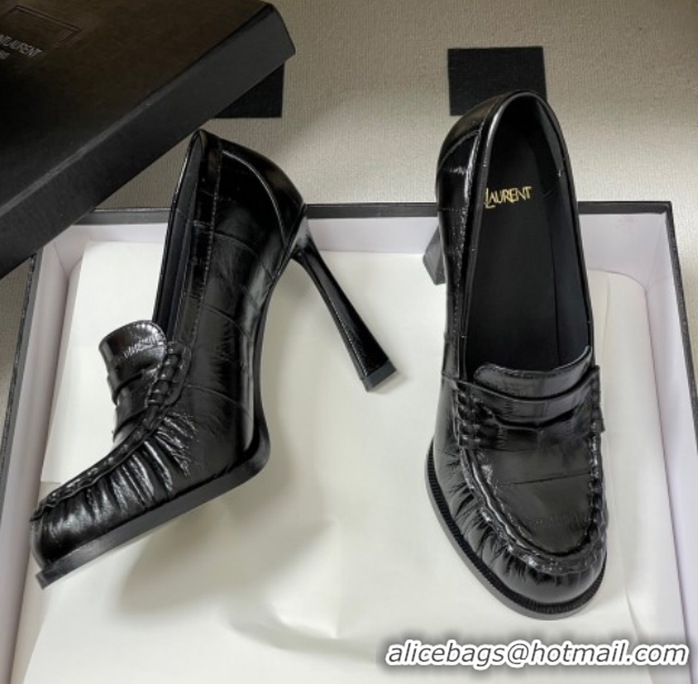Hot Style Saint Laurent Le Loafer High Heel Pumps 10cm Eel Embossed Leather Black 1213062