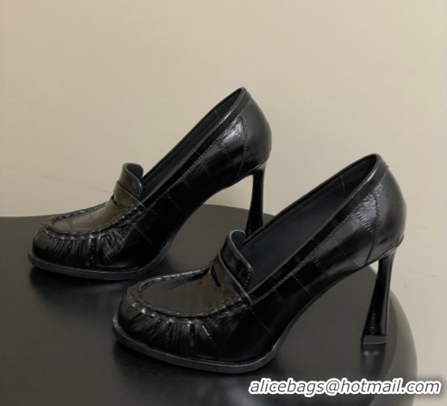 Hot Style Saint Laurent Le Loafer High Heel Pumps 10cm Eel Embossed Leather Black 1213062