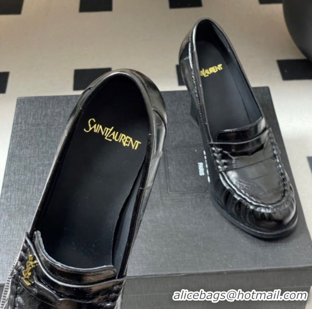 Hot Style Saint Laurent Le Loafer High Heel Pumps 10cm Eel Embossed Leather Black 1213062