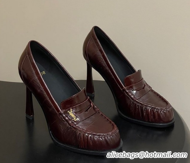 Sophisticated Saint Laurent Le Loafer High Heel Pumps 10cm Eel Embossed Leather Dark Burgundy 1213063