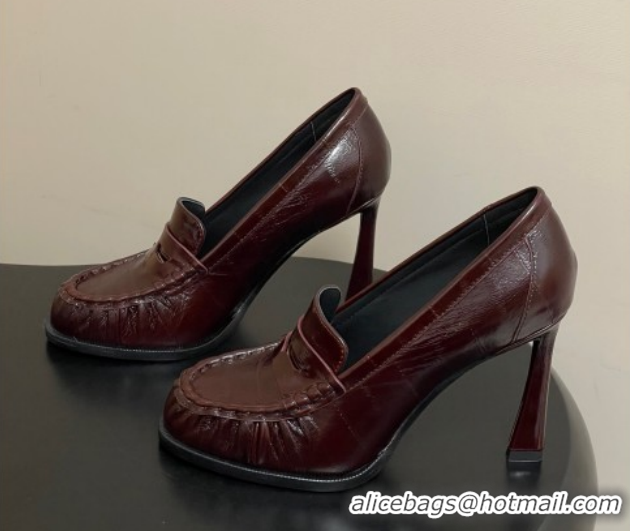 Sophisticated Saint Laurent Le Loafer High Heel Pumps 10cm Eel Embossed Leather Dark Burgundy 1213063