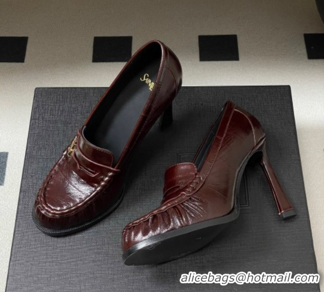 Sophisticated Saint Laurent Le Loafer High Heel Pumps 10cm Eel Embossed Leather Dark Burgundy 1213063