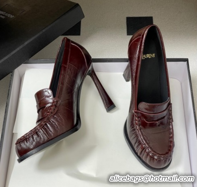 Sophisticated Saint Laurent Le Loafer High Heel Pumps 10cm Eel Embossed Leather Dark Burgundy 1213063