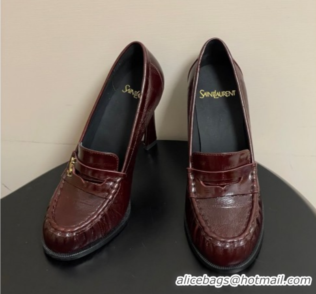 Sophisticated Saint Laurent Le Loafer High Heel Pumps 10cm Eel Embossed Leather Dark Burgundy 1213063