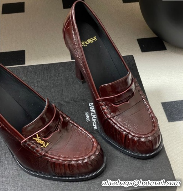 Sophisticated Saint Laurent Le Loafer High Heel Pumps 10cm Eel Embossed Leather Dark Burgundy 1213063