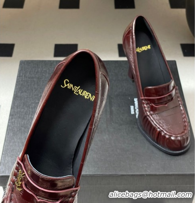 Sophisticated Saint Laurent Le Loafer High Heel Pumps 10cm Eel Embossed Leather Dark Burgundy 1213063