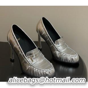 Good Quality Saint Laurent Le Loafer High Heel Pumps 10cm Eel Embossed Leather Silver 1213065