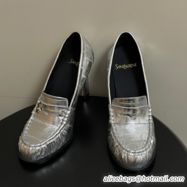 Good Quality Saint Laurent Le Loafer High Heel Pumps 10cm Eel Embossed Leather Silver 1213065