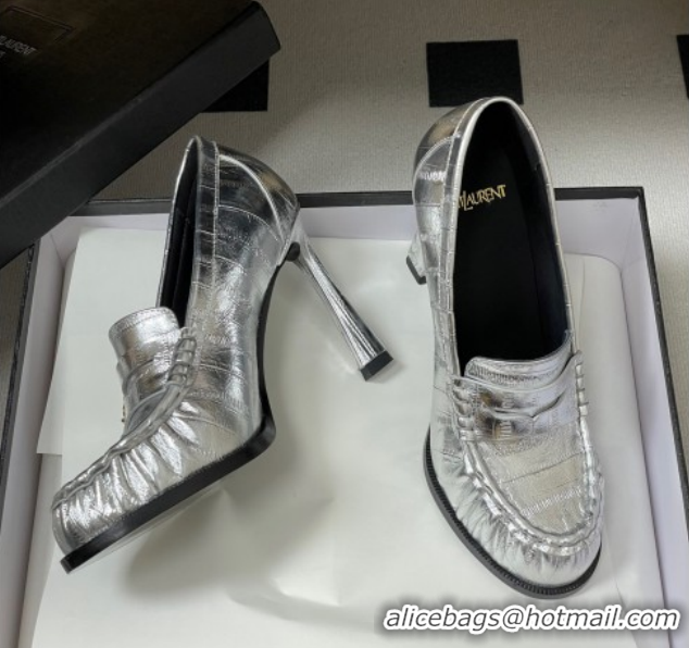 Good Quality Saint Laurent Le Loafer High Heel Pumps 10cm Eel Embossed Leather Silver 1213065