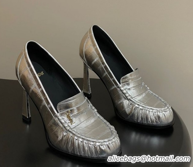 Good Quality Saint Laurent Le Loafer High Heel Pumps 10cm Eel Embossed Leather Silver 1213065