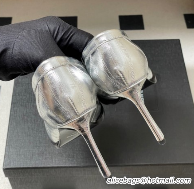 Good Quality Saint Laurent Le Loafer High Heel Pumps 10cm Eel Embossed Leather Silver 1213065