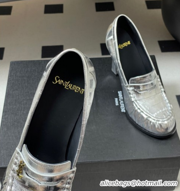 Good Quality Saint Laurent Le Loafer High Heel Pumps 10cm Eel Embossed Leather Silver 1213065