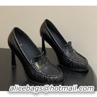Popular Style Saint Laurent Le Loafer High Heel Pumps 10cm in Oil Leather Black 1213066