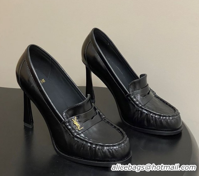 Popular Style Saint Laurent Le Loafer High Heel Pumps 10cm in Oil Leather Black 1213066