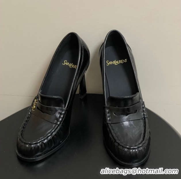 Popular Style Saint Laurent Le Loafer High Heel Pumps 10cm in Oil Leather Black 1213066