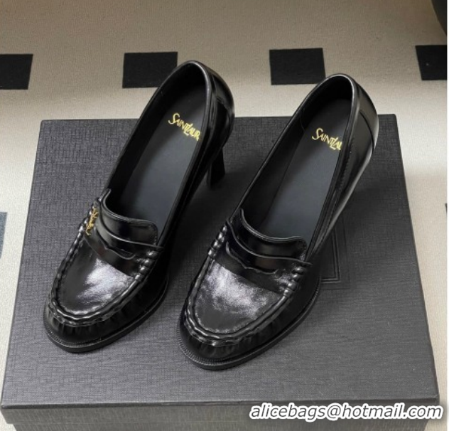 Popular Style Saint Laurent Le Loafer High Heel Pumps 10cm in Oil Leather Black 1213066