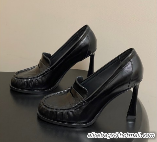 Popular Style Saint Laurent Le Loafer High Heel Pumps 10cm in Oil Leather Black 1213066