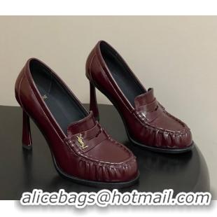 Good Quality Saint Laurent Le Loafer High Heel Pumps 10cm in Oil Leather Dark Burgundy 1213067