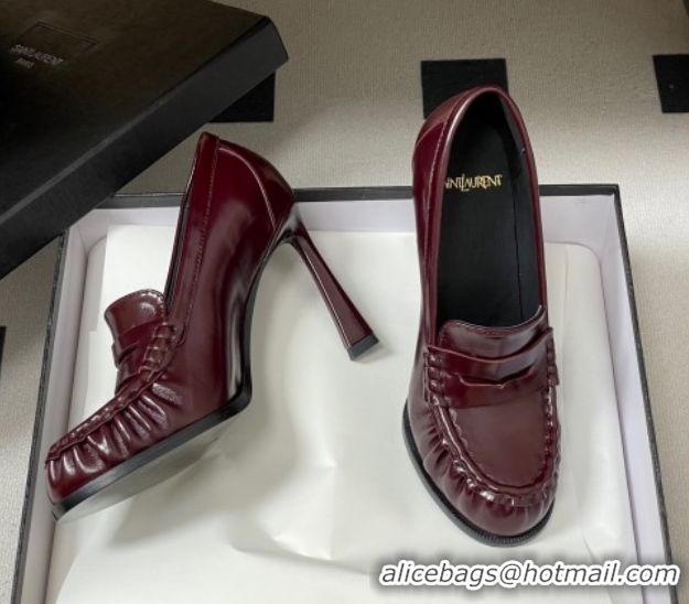 Good Quality Saint Laurent Le Loafer High Heel Pumps 10cm in Oil Leather Dark Burgundy 1213067