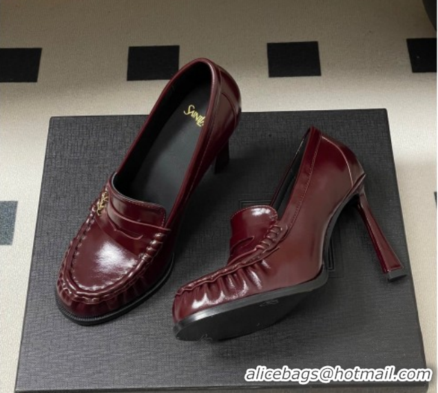 Good Quality Saint Laurent Le Loafer High Heel Pumps 10cm in Oil Leather Dark Burgundy 1213067