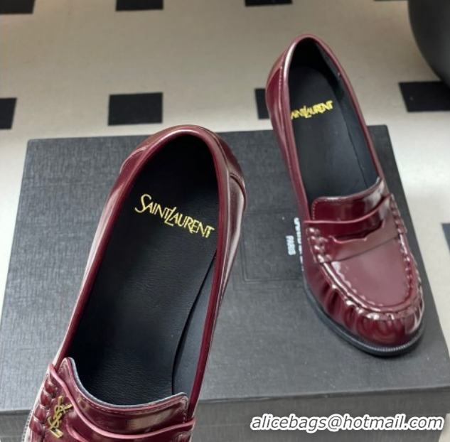 Good Quality Saint Laurent Le Loafer High Heel Pumps 10cm in Oil Leather Dark Burgundy 1213067