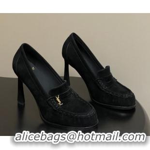 Perfect Saint Laurent Le Loafer High Heel Pumps 10cm in Suede Black 1213068