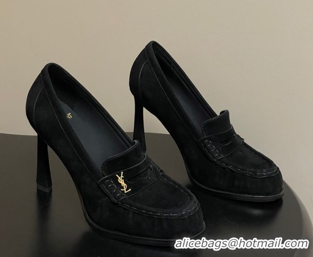 Perfect Saint Laurent Le Loafer High Heel Pumps 10cm in Suede Black 1213068
