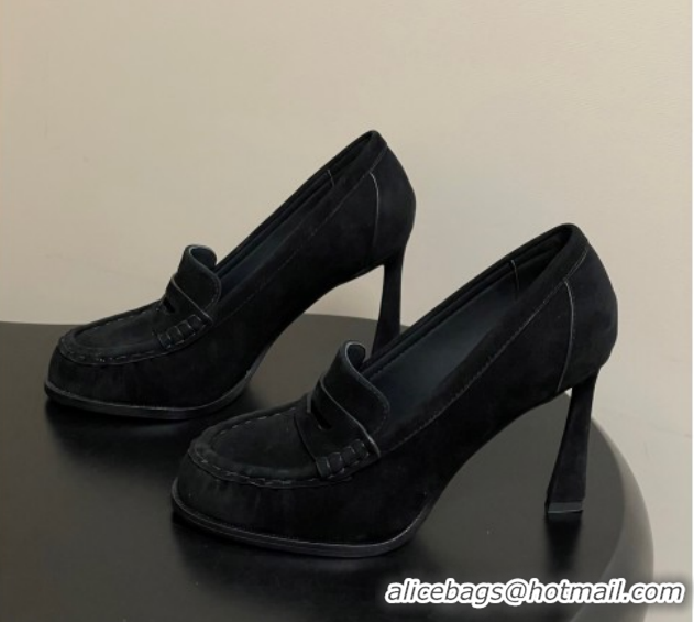 Perfect Saint Laurent Le Loafer High Heel Pumps 10cm in Suede Black 1213068