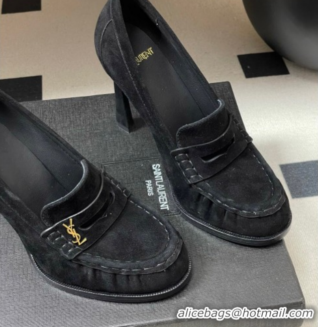 Perfect Saint Laurent Le Loafer High Heel Pumps 10cm in Suede Black 1213068